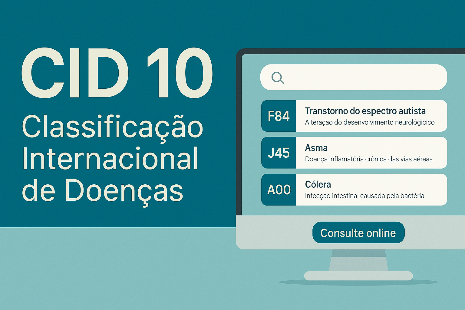 Ilustração moderna do buscador de CID 10 com destaque para consulta online de doenças e códigos médicos.