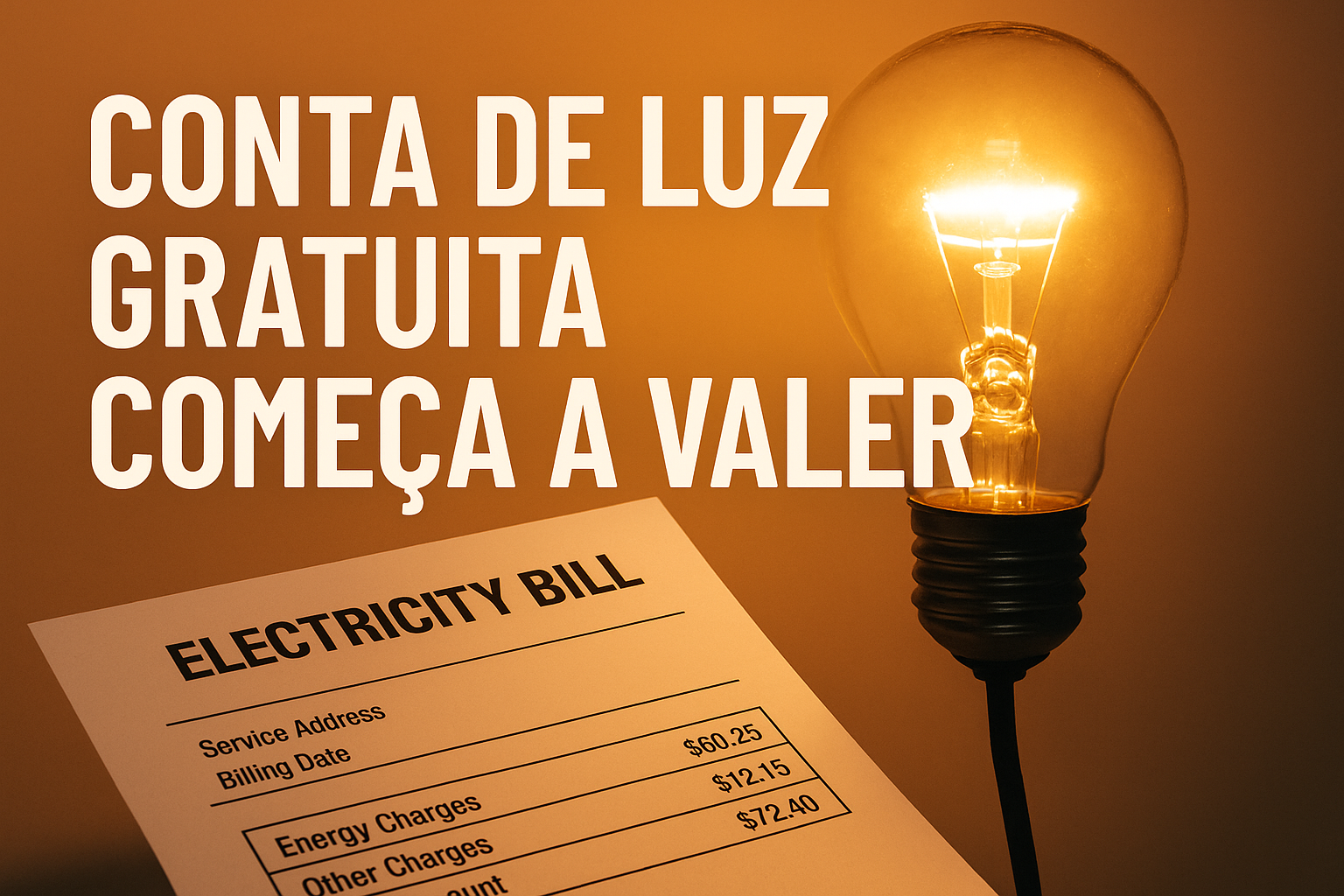 Lâmpada acesa ao lado de uma conta de luz com destaque para gratuidade
